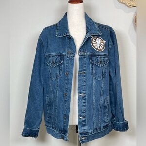 Western Blue Denim Jacket Long Horn Skull Wagon Wheel Patch Coat Size Large